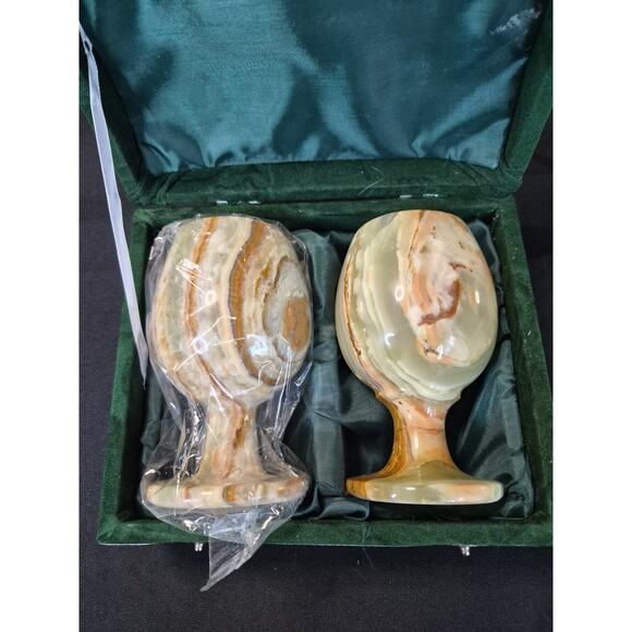 Marble Onyx Stone Goble Wine Glass Goblet Cup Set Velvet Case *VINTAGE* - Picture 2 of 11